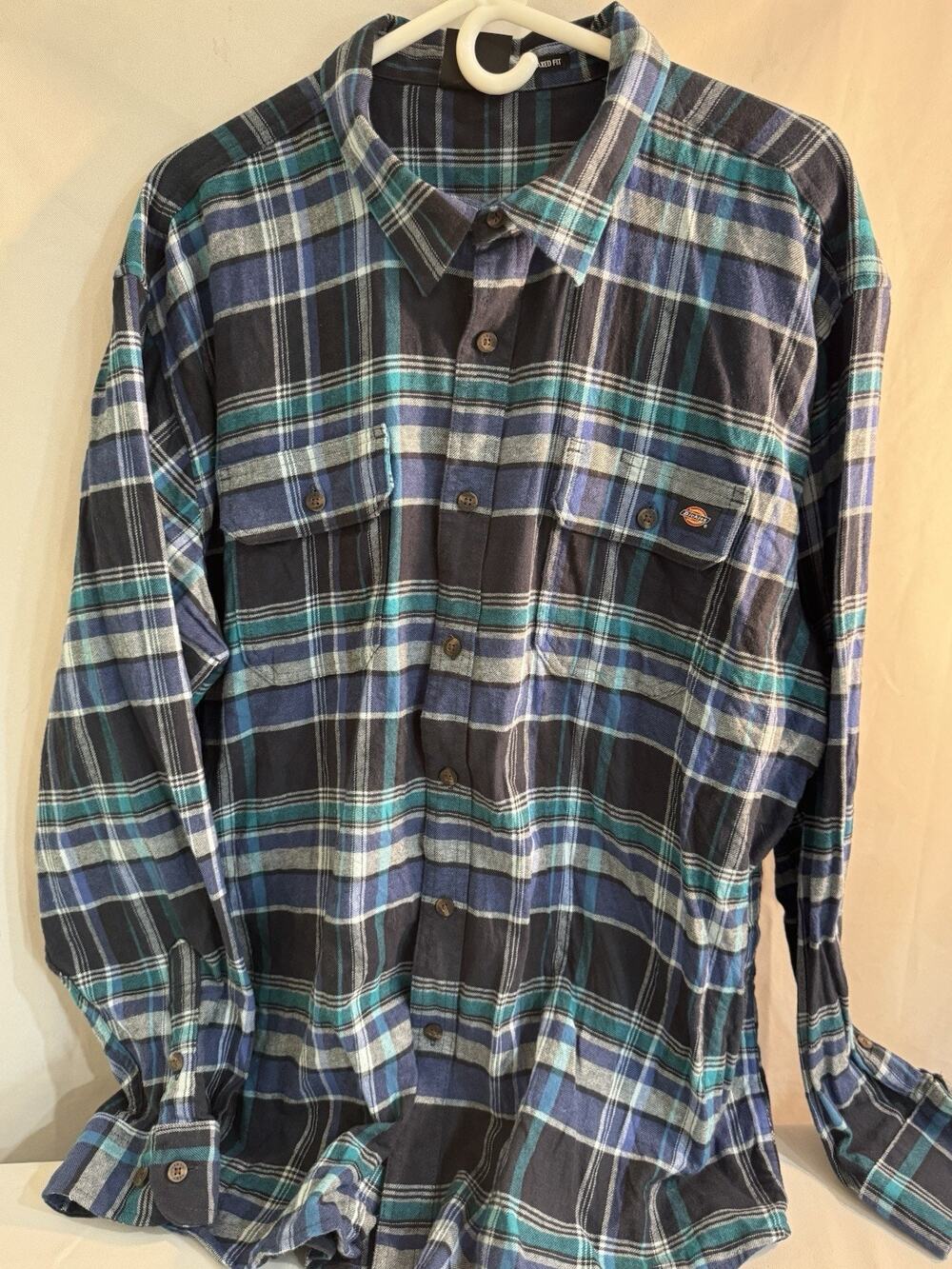 Dickies Mens 2Xl Long Sleeve Flannel Work Shirt Woven Plaid Blue Button Down